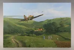 Trevor Lay, Hurricane Scramble’: aircraft in flight over a plough team in a coastal landscape, oil on canvas