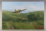 Trevor Lay, Hurricane Scramble’: aircraft in flight over a plough team in a coastal landscape, oil on canvas