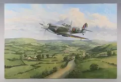 Trevor Lay, Spitfire in flight over a village, oil on canvas