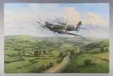 Trevor Lay, Spitfire in flight over a village, oil on canvas