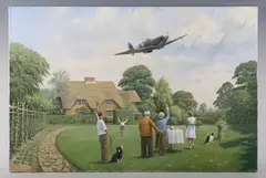 Trevor Lay, Home for tea’: Spitfire in flight over a cottage while a family wave, oil on canvas