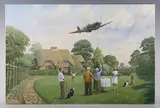 Trevor Lay, Home for tea’: Spitfire in flight over a cottage while a family wave, oil on canvas
