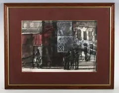 Street Scene (Belfast) '81 by David Crone, watercolour and mixed media, sold Aug 2025