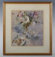 Salliann Putman, Still life with flowers, cup and saucer; Still life with flowers, fruit and jug, two, watercolour