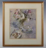 Salliann Putman, Still life with flowers, cup and saucer; Still life with flowers, fruit and jug, two, watercolour