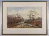 Henry John Sylvester Stannard, Girls resting on a log, a cottage beyond, watercolour
