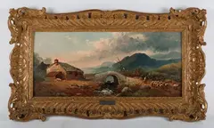 George Harris, Extensive landscape with bridge, cottage and sheep with shepherd, oil on board