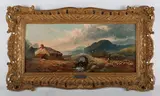 George Harris, Extensive landscape with bridge, cottage and sheep with shepherd, oil on board