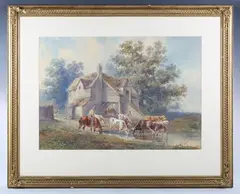 Henry Earp, Cattle watering by a farm, watercolour