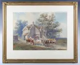Henry Earp, Cattle watering by a farm, watercolour