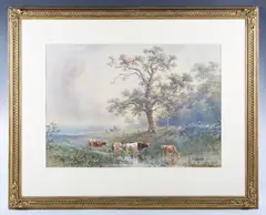 Henry Earp, Cattle watering in a landscape, watercolour