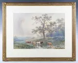 Henry Earp, Cattle watering in a landscape, watercolour