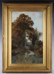 Richard Wane, Sheep and shepherd on a country lane, oil on canvas