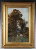 Richard Wane, Sheep and shepherd on a country lane, oil on canvas