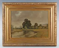 Leslie Charles Boyce, Landscape with cattle resting near hayricks; River landscape, probably the Arun, a pair, oil on board