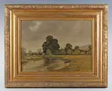 Leslie Charles Boyce, Landscape with cattle resting near hayricks; River landscape, probably the Arun, a pair, oil on board