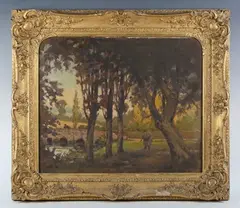 Leslie Charles Boyce, View of a bridge through trees, possibly Old Swan Bridge on the Arun, Pulborough, oil on canvas
