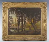 Leslie Charles Boyce, View of a bridge through trees, possibly Old Swan Bridge on the Arun, Pulborough, oil on canvas