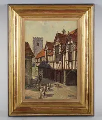 Vernon Ward, Townscapes depicting the Old Butter Cross, Ludlow, Shropshire, and the Old Guildhall, Much Wenlock, Shropshire, a pair, oil on canvas-board