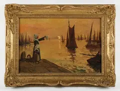 Henri Jacques Delpy, On a quayside at sunset, oil on canvas