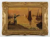 Henri Jacques Delpy, On a quayside at sunset, oil on canvas