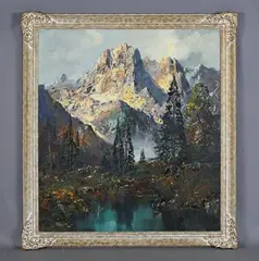 Mountainous lake scene by Ingfried Henze, oil on canvas, sold May 2025