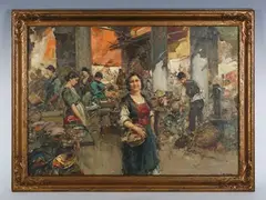 Giacomo Pittoz, Market Scene in Madrid, oil on canvas