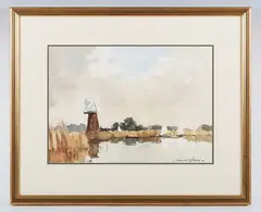 Edward Wesson, River scene with windmill, watercolour