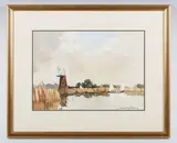 Edward Wesson, River scene with windmill, watercolour