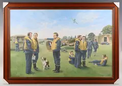 Trevor Lay, Airmen and RAF personnel on an airfield, oil on canvas