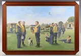 Trevor Lay, Airmen and RAF personnel on an airfield, oil on canvas