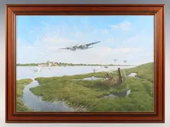 Trevor Lay, The Shattered Peace’: fighter aircraft flying over an estuary, oil on canvas