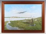 Trevor Lay, The Shattered Peace’: fighter aircraft flying over an estuary, oil on canvas