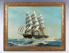 Dion Pears, Clipper in full sail; Steamship in high seas, a pair, oil on canvas laid on board