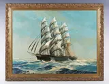 Dion Pears, Clipper in full sail; Steamship in high seas, a pair, oil on canvas laid on board