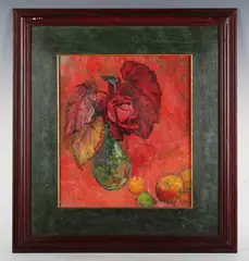 Robin Mackertich, Vivid study of a rose and fruit, oil on board