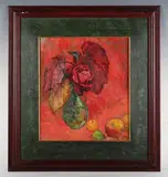 Robin Mackertich, Vivid study of a rose and fruit, oil on board