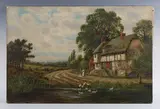 William Langley, Mother and child driving geese before a cottage, oil on canvas
