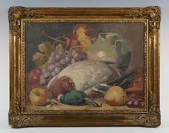 Charles Thomas Bale, Still life of grapes, apples, pears, earthenware pitcher and Mallard, oil on canvas