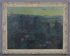 Geoffrey Rhoades, Graveyard scene with a dummy (possibly Punch) on a wall, a cottage beyond, oil on canvas
