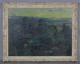 Geoffrey Rhoades, Graveyard scene with a dummy (possibly Punch) on a wall, a cottage beyond, oil on canvas