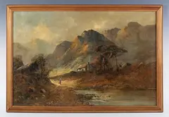 Francis E. Jamieson, Cottage on the edge of a loch, mountains beyond, oil on canvas