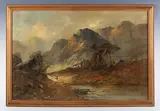Francis E. Jamieson, Cottage on the edge of a loch, mountains beyond, oil on canvas