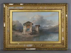 Harry John Johnson, The Road to the Convent': figures by a shrine at the edge of a lake, 1866, oil on canvas