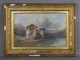 Harry John Johnson, The Road to the Convent': figures by a shrine at the edge of a lake, 1866, oil on canvas