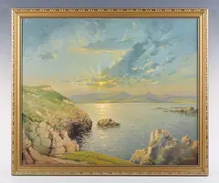 Thomas Brown Clark, Loch scene at sunset, oil on canvasboard