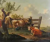 Jan Kobell, Cattle and Figure near a Fence within a Landscape, oil on panel