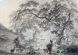 Hendrik de Meijer II, Flemish Farmstead with Figures and Cattle, watercolour over pencil