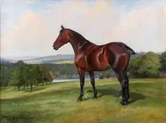 Wright Barker, Portrait of a Bay Horse in an Extensive Landscape, oil on canvas