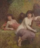 Francois Feyen-Perrin, Muses on a Riverbank, oil on canvas laid onto board